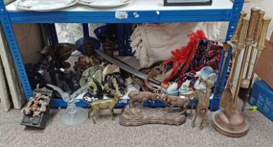 BRASS DEER & PAIR OF BRASS RAMS, ORIENTAL BUDDHA, VARIOUS OTHER PORCELAIN, BRASSWARE TEXTILES,