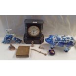 19TH CENTURY BLACK SLATE MANTLE CLOCK, 3 ORIENTAL FIGURES IN CASE, BRASS ORIENTAL BOX,