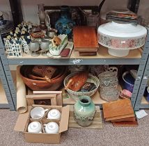 VARIOUS DELFT BOLS HOUSE, LARGE WOODEN BOWLS, GRANITE INKWELL STAND, LIGHT SHADES,