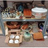 VARIOUS DELFT BOLS HOUSE, LARGE WOODEN BOWLS, GRANITE INKWELL STAND, LIGHT SHADES,