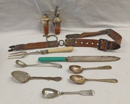 SILVER MOUNTED LEATHER BELT, SCOTTISH SILVER MUSTARD SPOON, VARIOUS OTHER SILVER SPOONS,