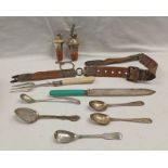 SILVER MOUNTED LEATHER BELT, SCOTTISH SILVER MUSTARD SPOON, VARIOUS OTHER SILVER SPOONS,