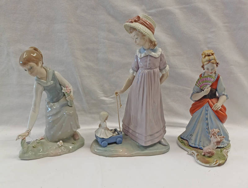 2 X LLADRO FIGURES: GIRL PICKING FLOWERS & GILT WITH TOY CART & DOLL & NAPLES PORCELAIN FIGURE