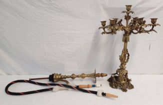 BRASS HOOKAH PIPE WITH MOUTH PIECE & GILT CANDELABRA,