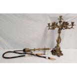 BRASS HOOKAH PIPE WITH MOUTH PIECE & GILT CANDELABRA,