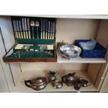 OAK CASED CANTEEN OF SILVER PLATED CUTLERY, SILVER PLATED TEASET, LARGE METAL QUAICH IN BOX,