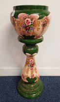 GREEN & PINK JARDINIERE & STAND WITH FLORAL DECORATION,