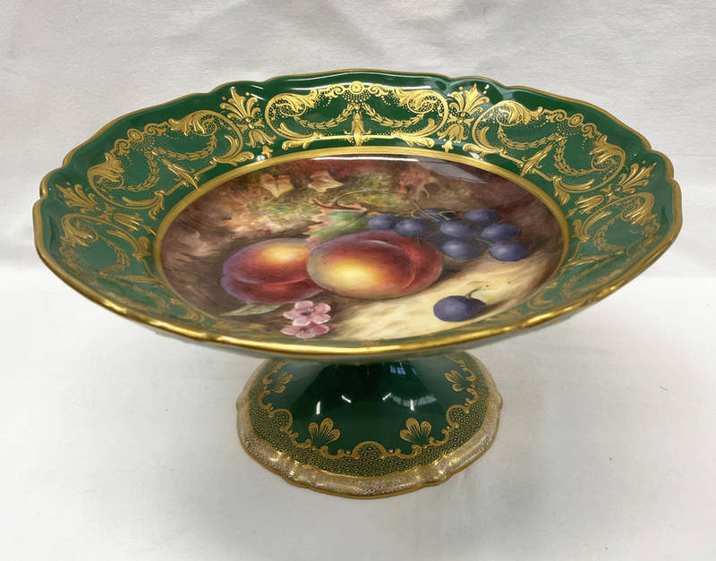ROYAL WORCESTER GREEN & GILT COMPORT WITH FRUIT DECORATION & SIGNED W BEE,