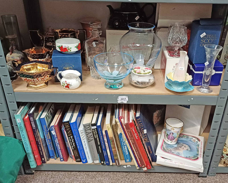 CASED CRYSTAL ART GLASS VASES, VARIOUS PORCELAIN INCLUDING ART POTTERY TEASET, VARIOUS BOOKS,