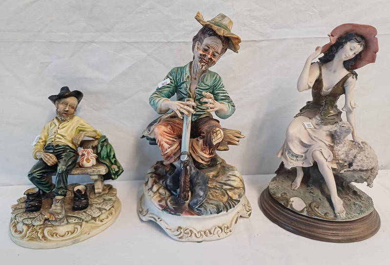 MONTE CRISTO FIGURE OF A MAN ON BENCH & 2 OTHER ITALIAN PORCELAIN FIGURES,