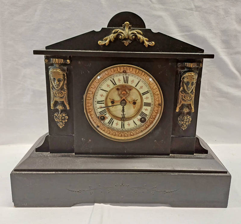 19TH CENTURY SLATE MANTLE CLOCK WITH OPEN ESCAPEMENT BY THE ANSONIA CLOCK COMPANY