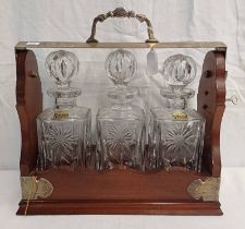 OAK TANTALUS WITH METAL FIXTURES AND 3 AVON CUT-GLASS DECANTERS Condition Report: