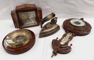 MAHOGANY CASED ANEROID BAROMETER, OAK MANTLE CLOCK, CIRCULAR ANEROID BAROMETER,