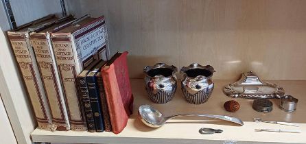 POSSIBLY NORWEGIAN SILVER PLATED WARE INKWELL STAND , 2 SILVER PLATED POTS,