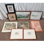 SELECTION OF PRINTS, WATERCOLOUR, ETC TO INCLUDE; J K MAXTON, HOUSE IN THE HILLS, SIGNED,