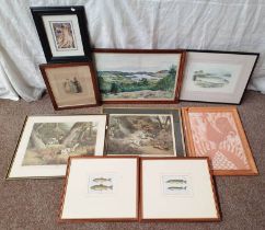 SELECTION OF PRINTS, WATERCOLOUR, ETC TO INCLUDE; J K MAXTON, HOUSE IN THE HILLS, SIGNED,