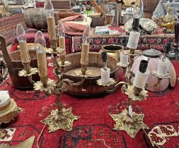 PAIR OF LATE 19TH OR EARLY 20TH CENTURY GILT BRASS 5-BRANCH TABLE LAMPS,