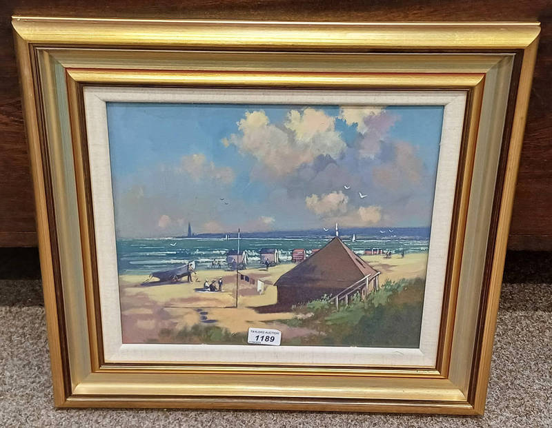 JAMES ORR - (ARR) MONTROSE BEACH CIRCA 1880 WITH LABEL TO REVERSE FRAMED OIL PAINTING 30 X 35 CM