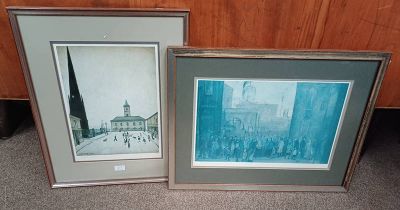 2 FRAMED L S LOWRY PRINTS, QUEUES OF PEOPLE, 40/550 WITH BLIND STAMP, 33 X 49 CM,