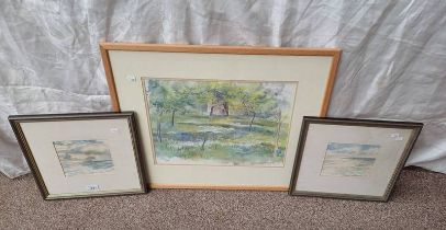 3 FRAMED WATERCOLOURS 'WOODLAND SCENE' AND SEASCAPES SIGNED JULIA WROUGHTON