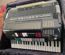 FARFISA TRANSIVOX ACCORDION, IN ORIGINAL CARRY CASE, TOGETHER WITH GREEN LEATHER BAG WITH PEDDLE,