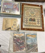 LUNDY STAMPS, WHISTLE, MECCANO MAGAZINE, VICTORY GEOGRAPHICAL PUZZLE, FRAMED SAMPLER,