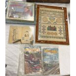 LUNDY STAMPS, WHISTLE, MECCANO MAGAZINE, VICTORY GEOGRAPHICAL PUZZLE, FRAMED SAMPLER,