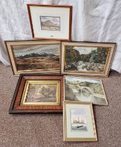 VARIOUS FRAMED WATERCOLOURS TO INCLUDE ; DAVID BALLARD, FOREST RIVER SCENE, SIGNED AND DATED 1947,