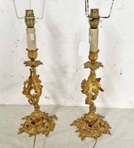 PAIR OF LATE 19TH OR EARLY 20TH CENTURY GILT METAL TABLE LAMPS,