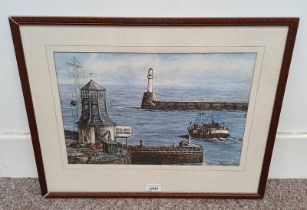 PATRICIA A MILNE 'ABERDEEN HARBOUR SCENE' SIGNED FRAMED INK AND WATERCOLOUR 27CM X 40 CM