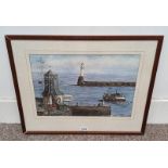 PATRICIA A MILNE 'ABERDEEN HARBOUR SCENE' SIGNED FRAMED INK AND WATERCOLOUR 27CM X 40 CM