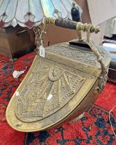 19TH/20TH CENTURY EMBOSSED BRASS COAL SCUTTLE WITH SCOOP Condition Report: No liner.