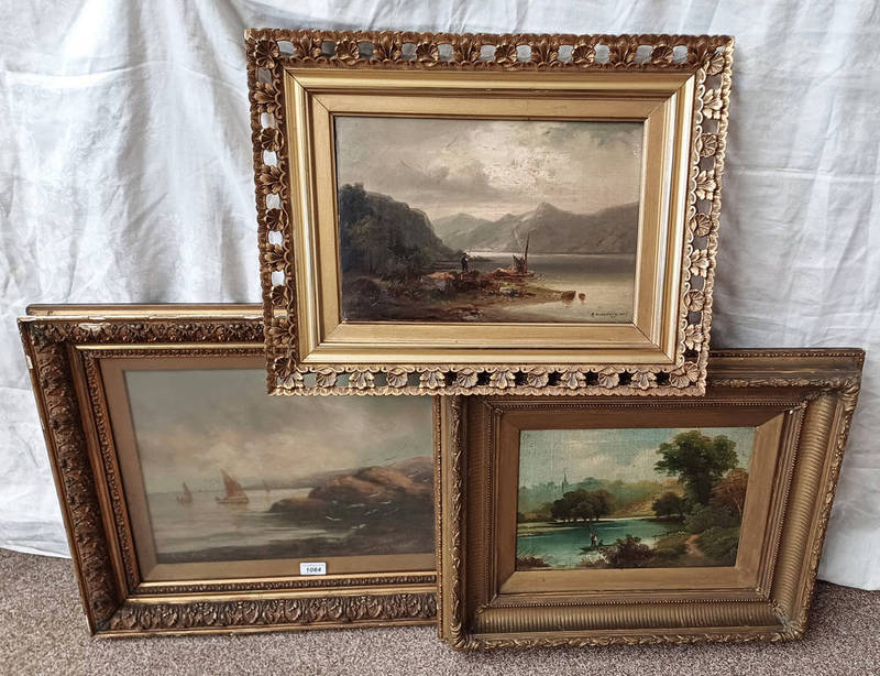 3 GILT FRAMED OIL PAINTINGS, M SINCLAIR, 'THE FISHERMAN', SIGNED AND DATED 1980, J.