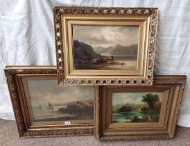 3 GILT FRAMED OIL PAINTINGS, M SINCLAIR, 'THE FISHERMAN', SIGNED AND DATED 1980, J.