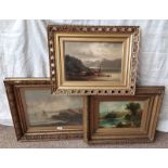 3 GILT FRAMED OIL PAINTINGS, M SINCLAIR, 'THE FISHERMAN', SIGNED AND DATED 1980, J.