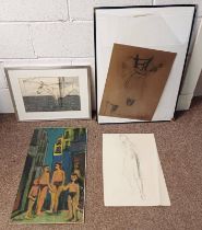 CONTEMPORARY SCHOOL - 2 LOOSE DRAWINGS & AN OIL ON BOARD TOGETHER WITH A FRAMED PENCIL SKETCH OF A
