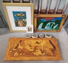 ALBERTO MORROCCO 'SUNFLOWER LADY', FRAMED PRINT, MARQUETRY DEPICTING FARMYARD ANIMALS,