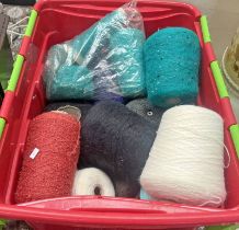 SELECTION OF VARIOUS COLOURED WOOLS & YARN IN A PLASTIC BOX