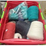 SELECTION OF VARIOUS COLOURED WOOLS & YARN IN A PLASTIC BOX