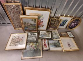 LARGE SELECTION OF PICTURES & PAINTING TO INCLUDE; FRAMED WATERCOLOUR OF 2 PHEASANTS, SIGNED JARVIS,