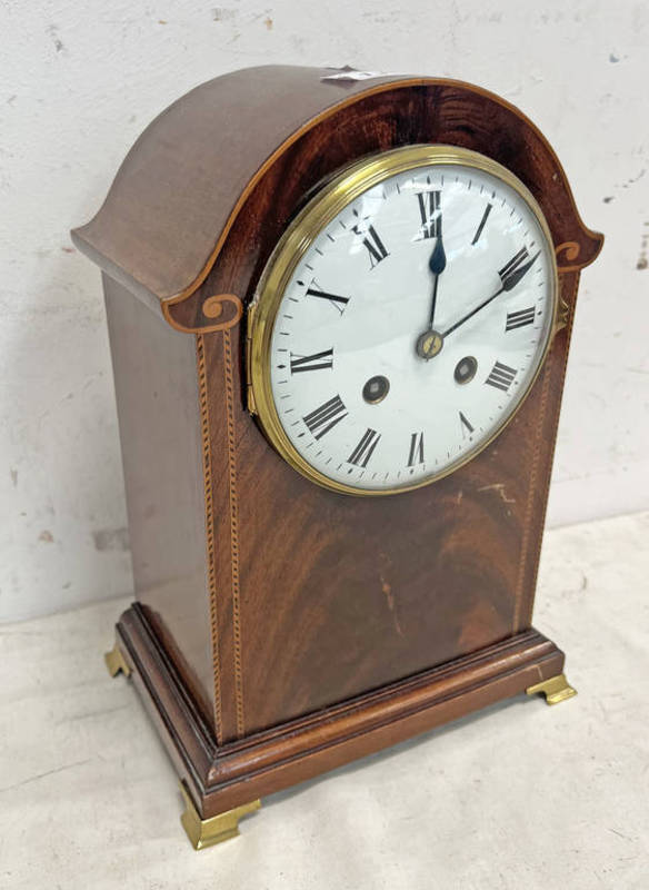 INLAID MAHOGANY MANTLE CLOCK WITH WHITE ENAMEL DIAL, WORKS BY WBK & FILS PARIS,