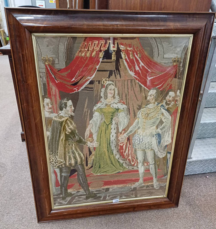 ROSEWOOD FRAMED NEEDLEWORK PICTURE OF QUEEN ELIZABETH & SIR WALTER RALEIGH, LABEL TO REVERSE,