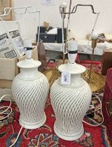 PAIR OF PORCELAIN LAMPS WITH LATTICE PATTERN DECORATION,