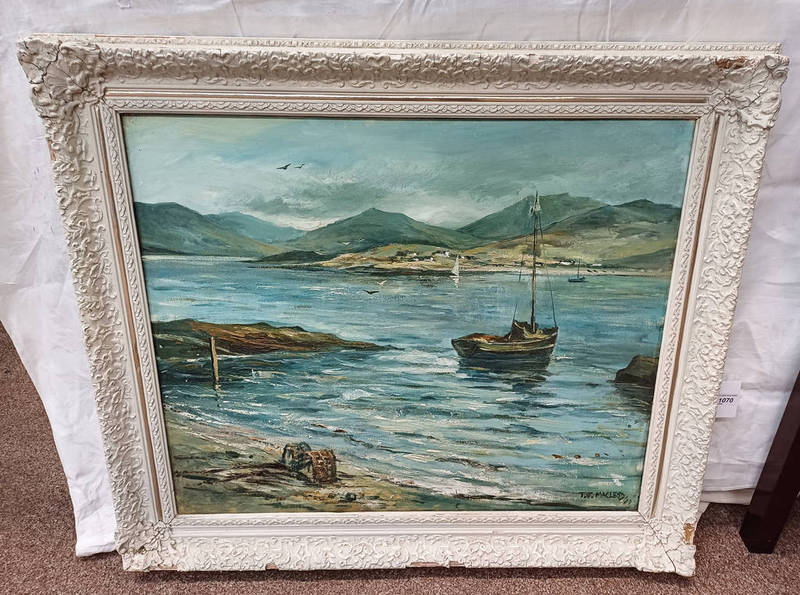 T J MACLEOD WEST COAST BEACH SIGNED GILT FRAMED OIL ON CANVAS 62 CM X 74 CM