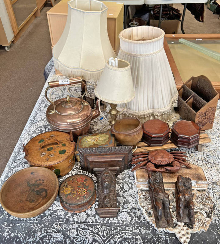 COPPER KETTLE, CARVED WOODEN CRAB, TABLE LAMP, CARVED WOODEN FIGURES,