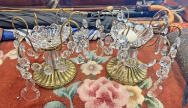 2 BRASS & GLASS GARNITURES/CANDLE HOLDERS,