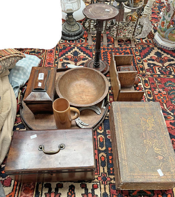 EARLY 20TH CENTURY SERVING TRAY, ADJUSTABLE MINIATURE TORCHERE, TEA CADDY, WOODEN BOWL,