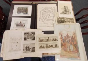 SELECTION OF PRINTS & ENGRAVINGS UNFRAMED TO INCLUDE; 3 PRINTS SIGNED INDISTINCTLY BY GERMAN ARTIST,