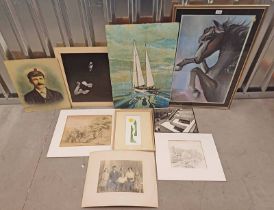 VARIOUS UNFRAMED PHOTOGRAPHS, WATERCOLOUR, ETCHINGS, FRAMED WATERCOLOUR OF A BLACK HORSE, UNSIGNED,