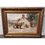 RUSSELL MACNEE - (ARR) LOADING THE CART SIGNED GILT FRAMED OIL PAINTING 40 X 81 CM